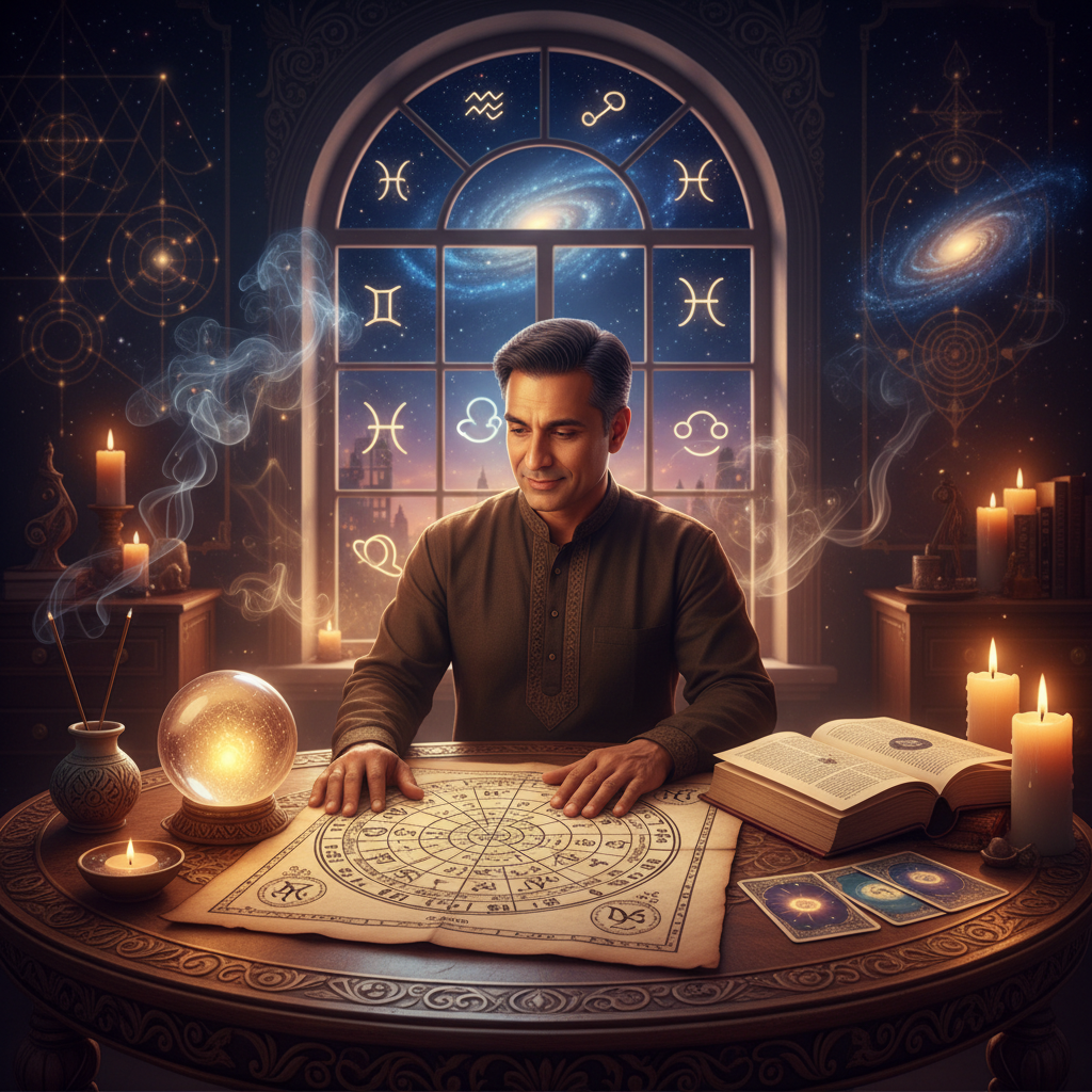 Mystical celestial background with spiritual symbols in New York setting