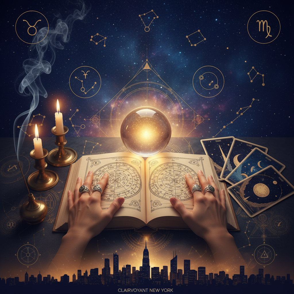 Mystical celestial imagery symbolizing clairvoyant psychic visions in New York City