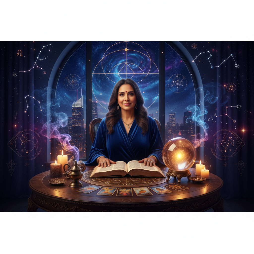 Expert Astrologer in Manhattan | Vedic & Western NYC Insights Mystical celestial sky with zodiac symbols over New York City skyline