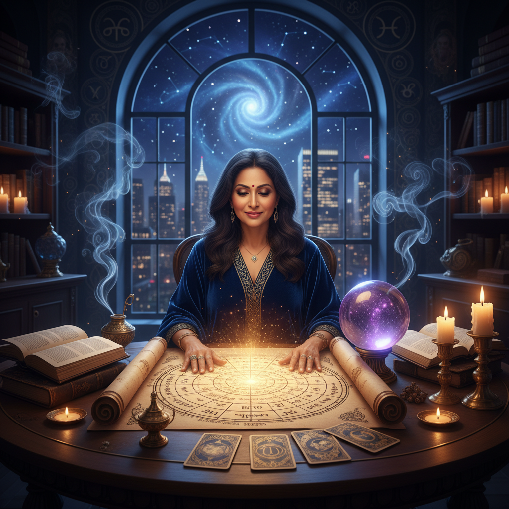 Expert Astrologer in Manhattan | Vedic & Western Astrology NYC Mystical celestial sky with astrological symbols over New York City skyline