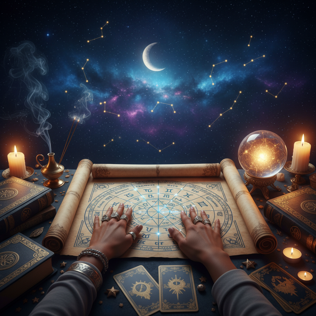 Mystic palm reading with celestial symbols in New York city backdrop
