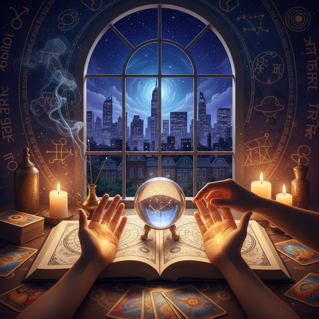Palm Reading New York: Life Line Insights in Harlem NYC Mystical celestial palm with life line reading in vibrant New York city