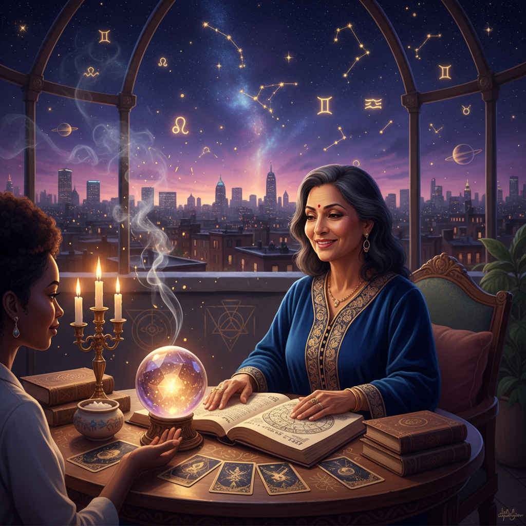 Expert Palm Reading New York: Life Line Insights in Harlem Mystical celestial image representing palm reading in New York City