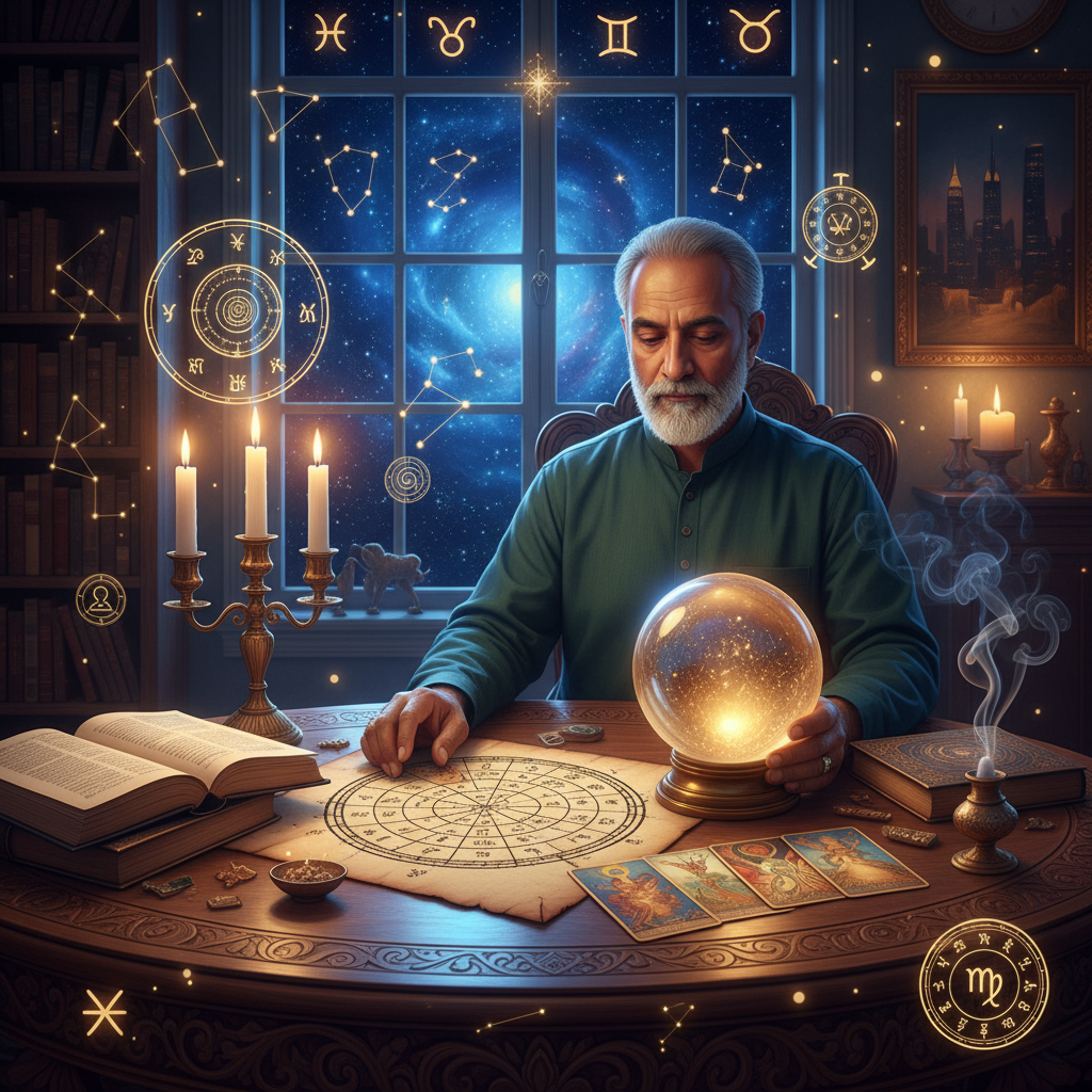Experienced Psychic Medium New York | Master Krish NYC Mystical celestial spiritual symbols over New York City skyline at night