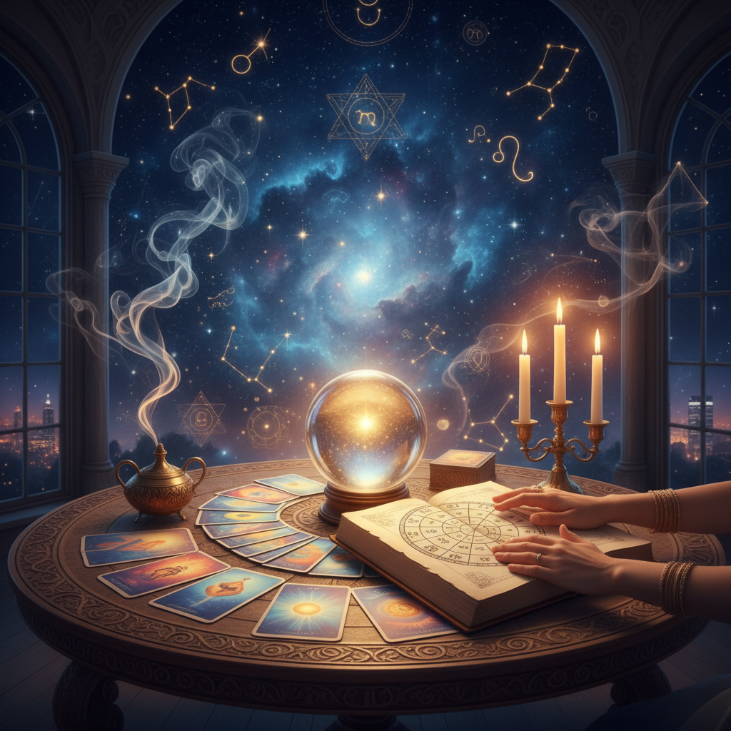 Psychic Medium New York: Spiritual Connection Readings NYC Mystical celestial image with spiritual light and New York skyline background