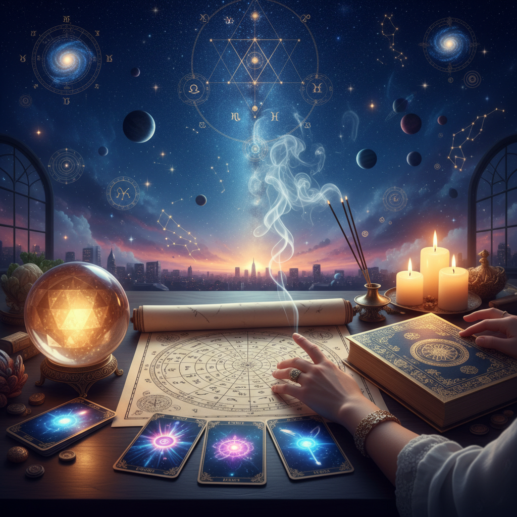 Expert Psychic Medium New York | Connect Spiritually Today Mystical celestial energy with New York City skyline twilight background