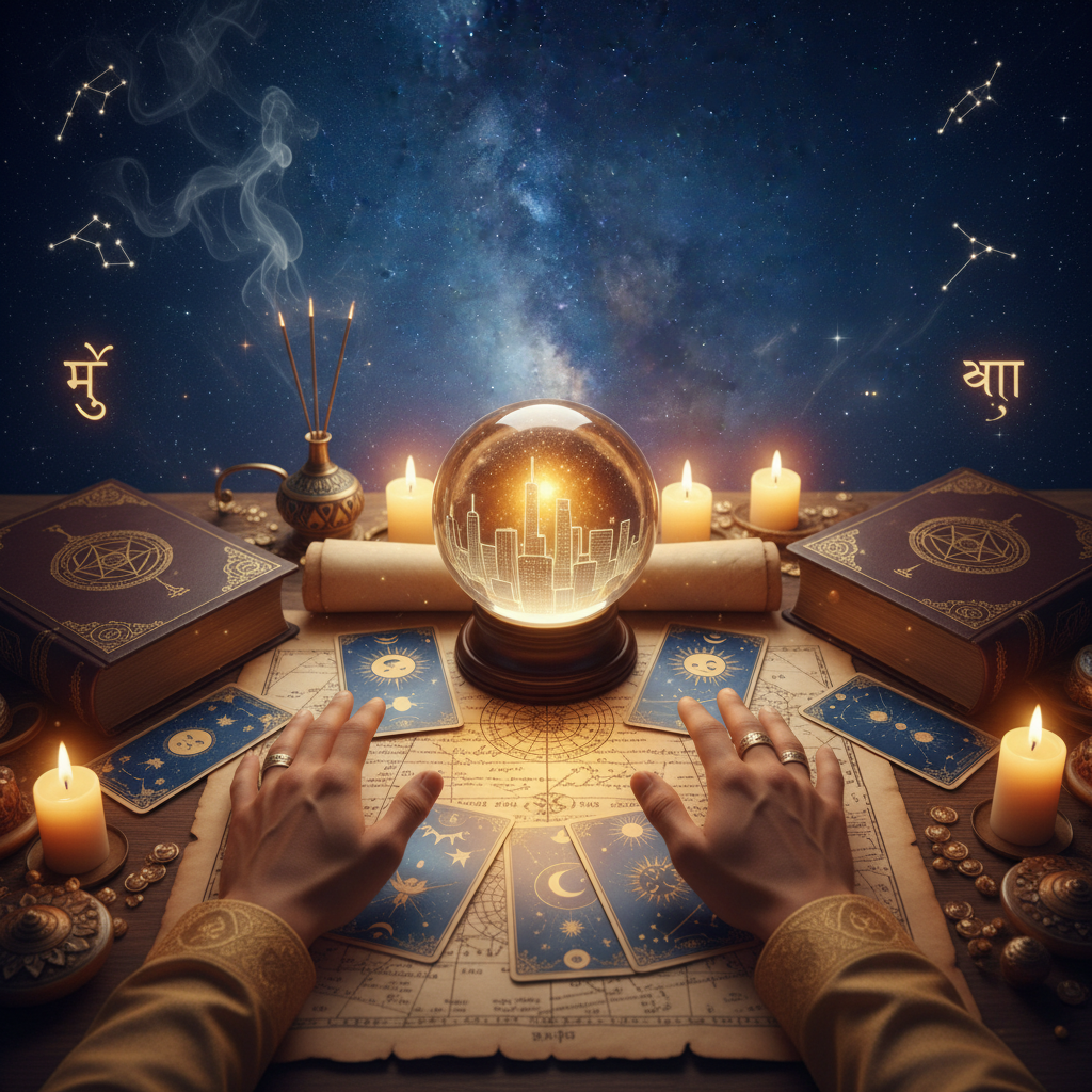 Find Trusted Psychic Near Me New York | Master Krish NYC Mystical celestial image showing tarot cards and stars over New York City skyline