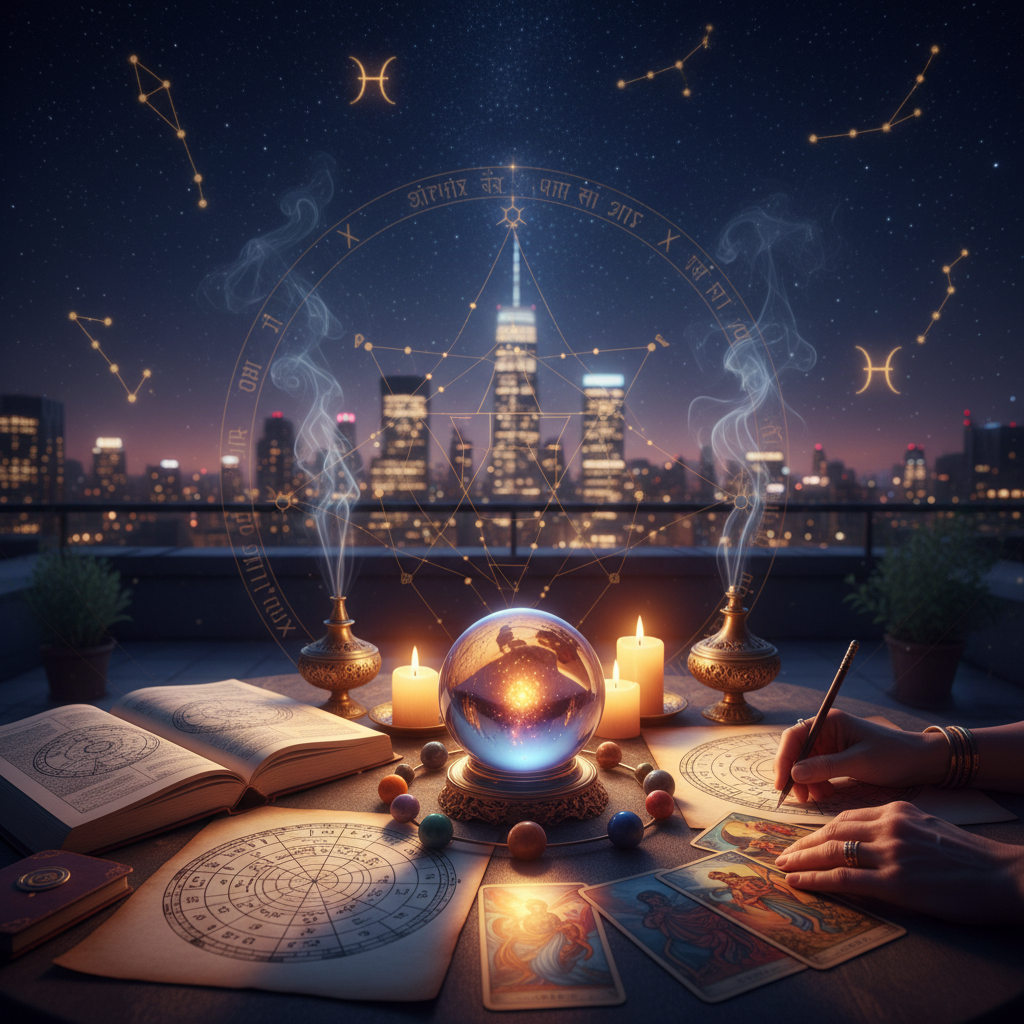 Mystical celestial background with tarot cards in New York city environment
