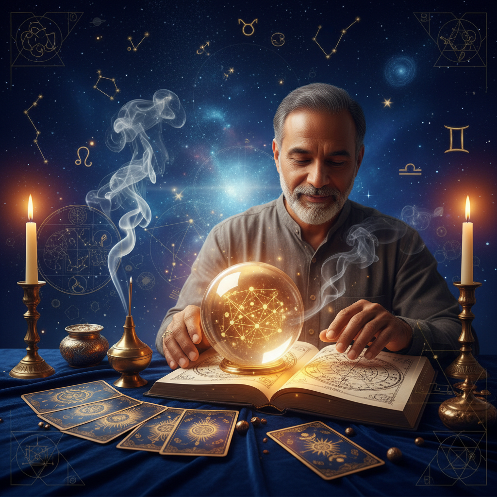 Mystical celestial imagery with spiritual symbols over New York skyline