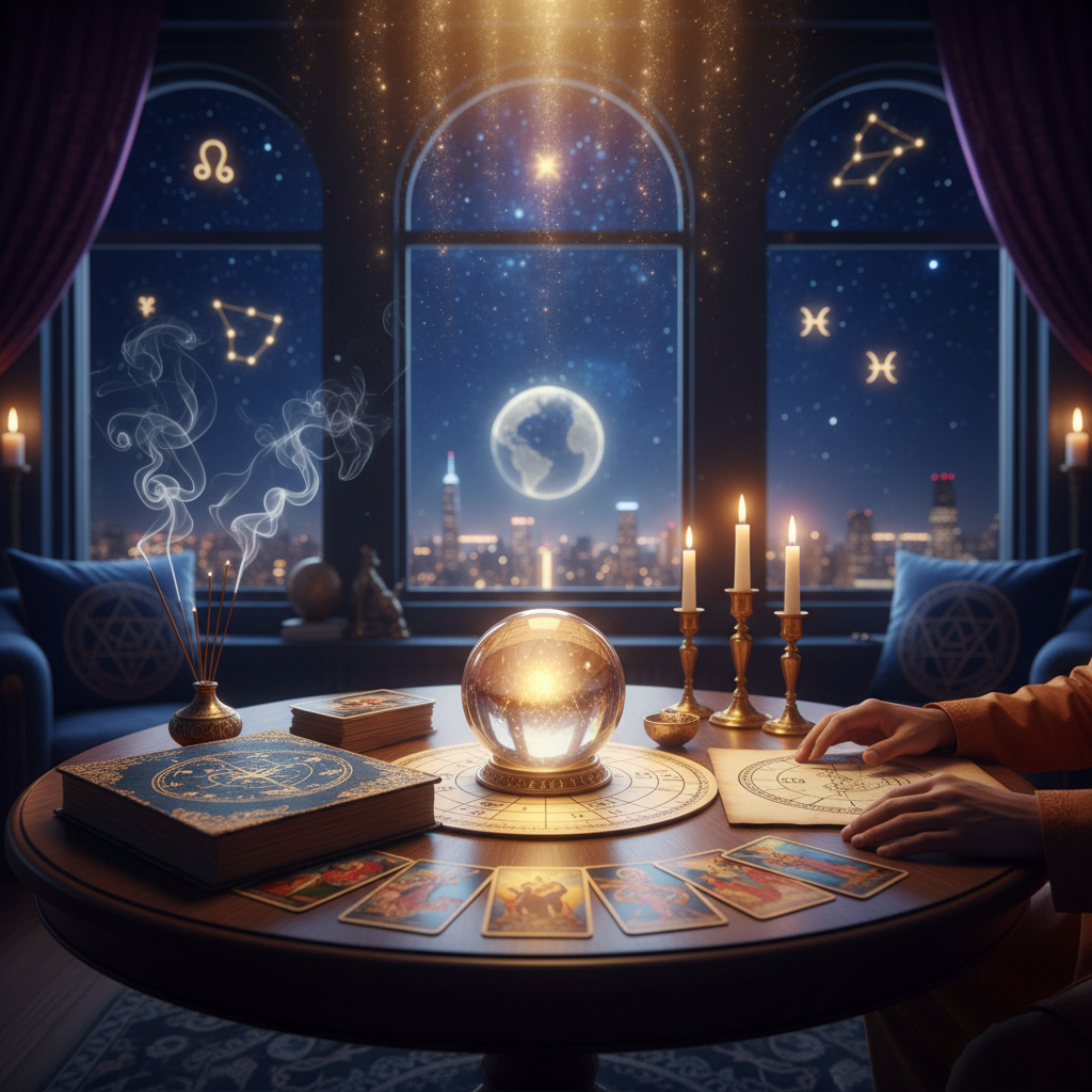 Find a Trusted Psychic Near Me New York | Master Krish NYC Mystical celestial sky with tarot cards and glowing aura in New York City