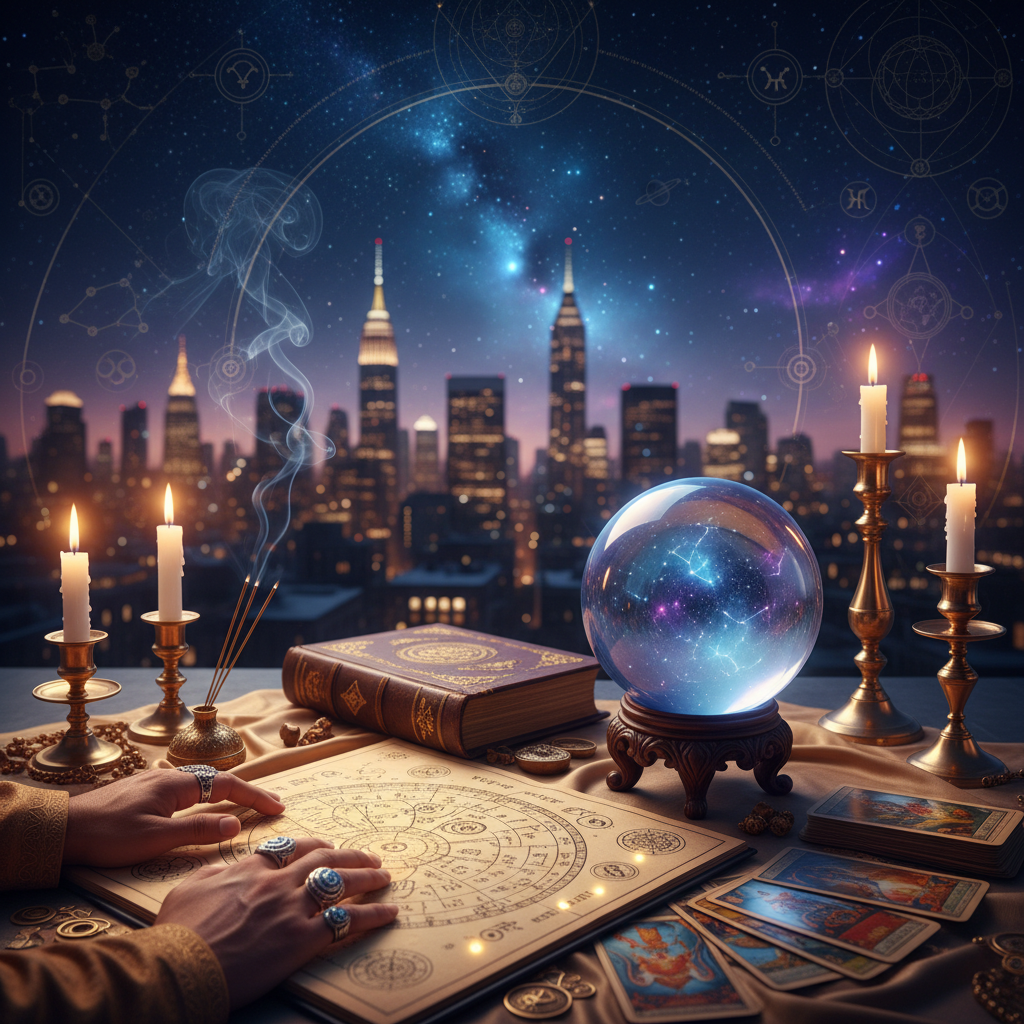 Mystical celestial image with tarot cards in Harlem NYC setting