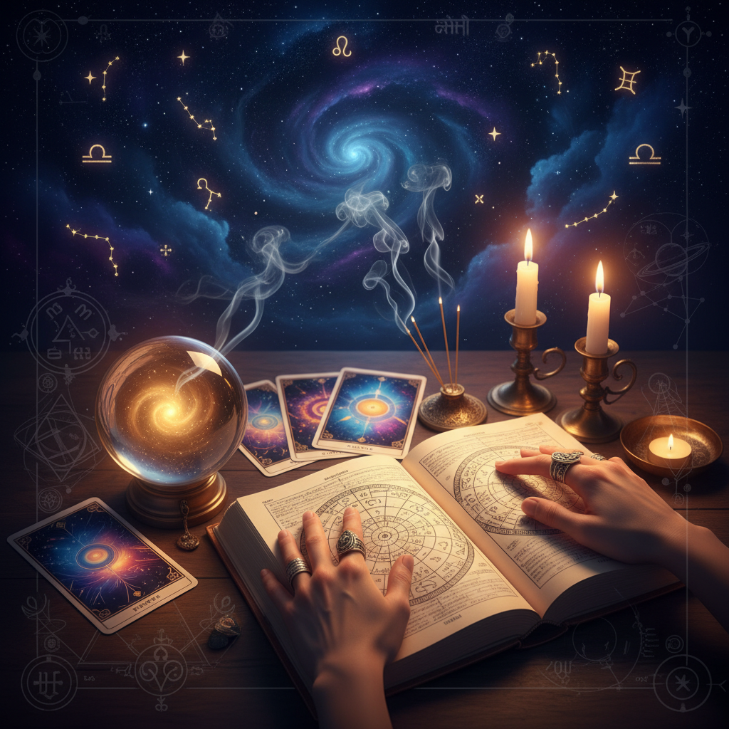 Authentic Psychic Reading New York | Master Krish NYC Mystical celestial symbols over New York City skyline representing psychic reading services