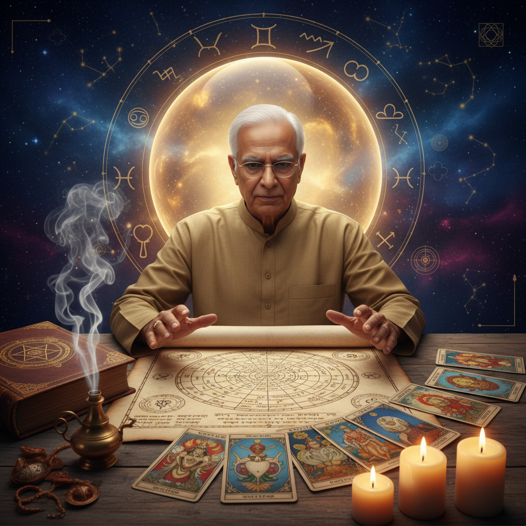 Mystical celestial energy with tarot cards in New York City ambiance