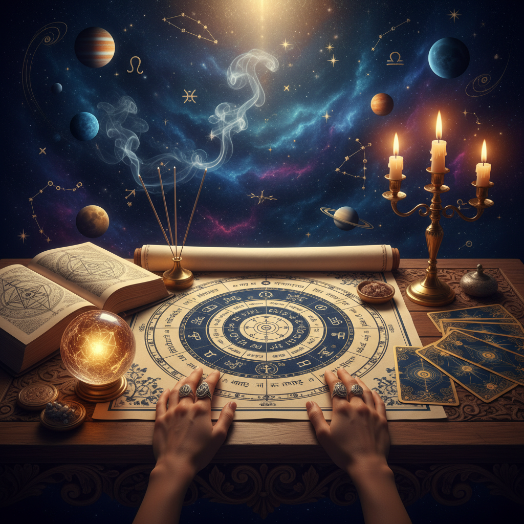 Mystical celestial energy with tarot cards in New York City setting