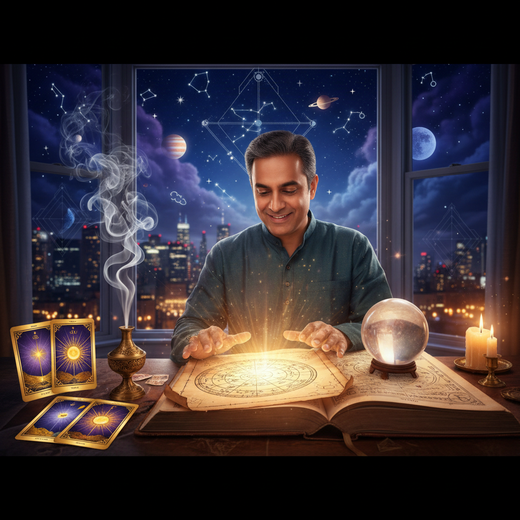 Mystical celestial background with spiritual symbols in New York setting
