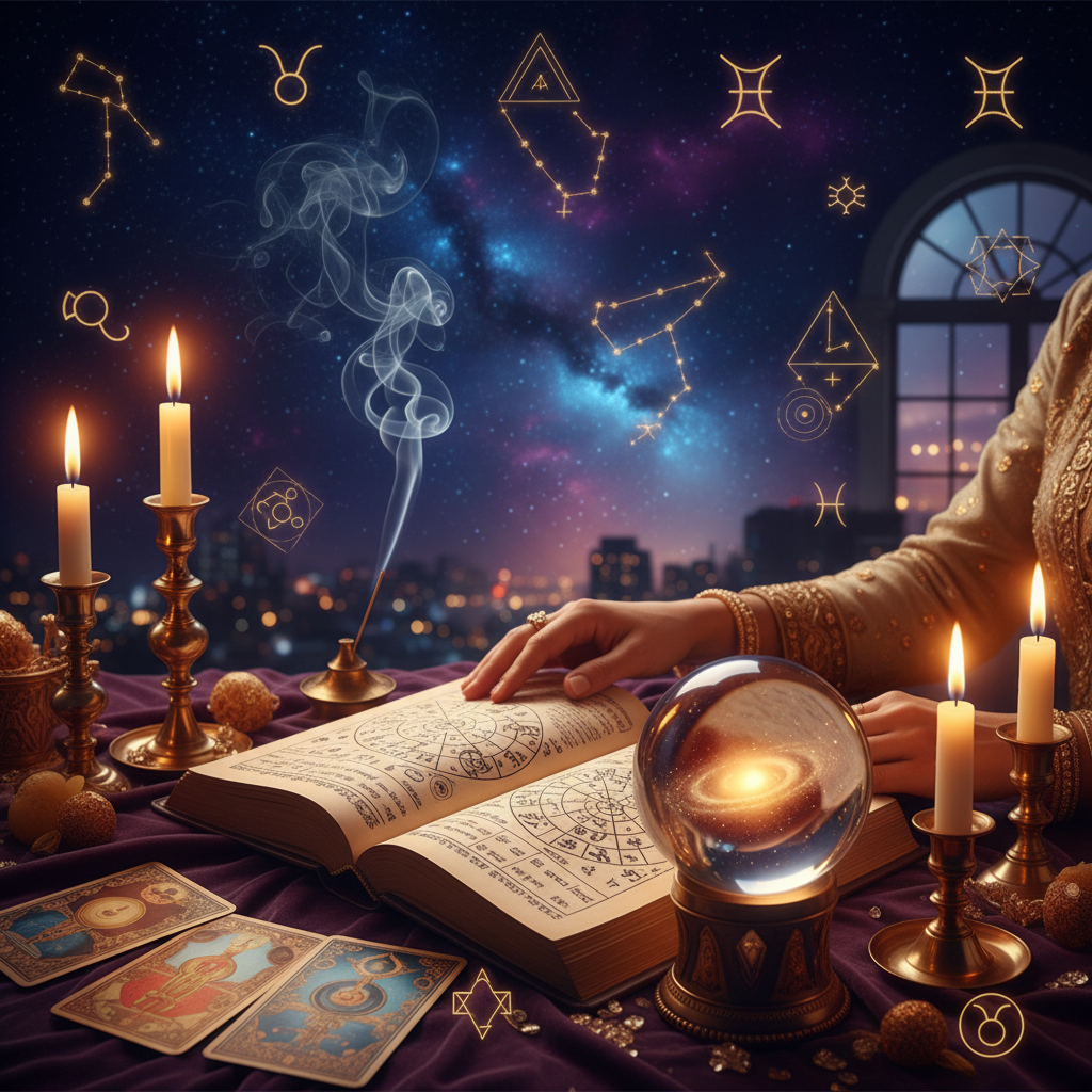 Psychic Reading New York: Intuitive Guidance by Master Krish Mystical celestial artwork with tarot cards and astrological symbols in New York setting