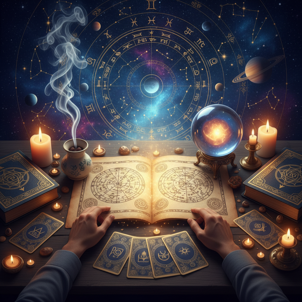 Mystical celestial scene representing psychic reading in New York City
