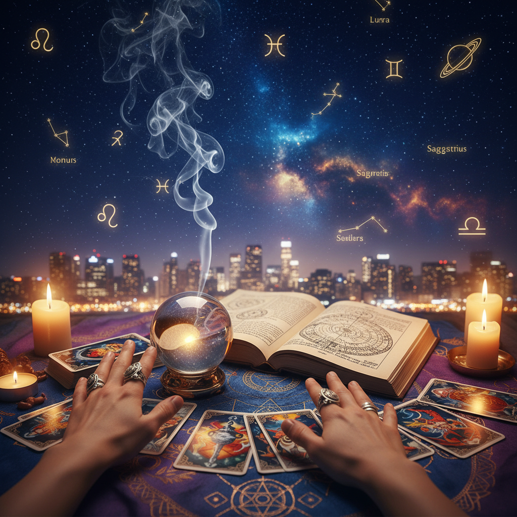 Mystical celestial energy with tarot cards and astrology symbols in New York