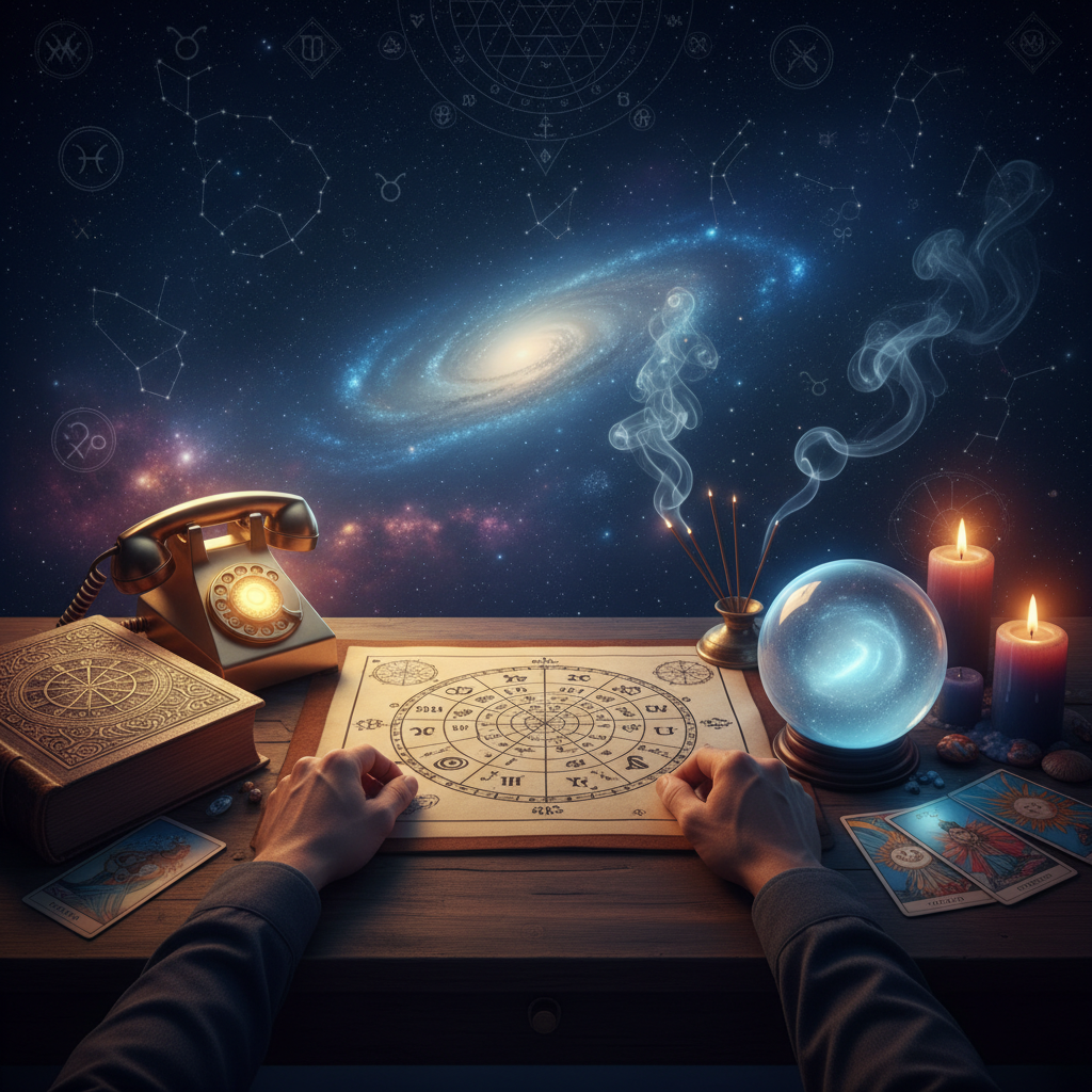 Phone Psychic Reading Online New York with Master Krish Mystical celestial image featuring stars and tarot cards in New York ambiance