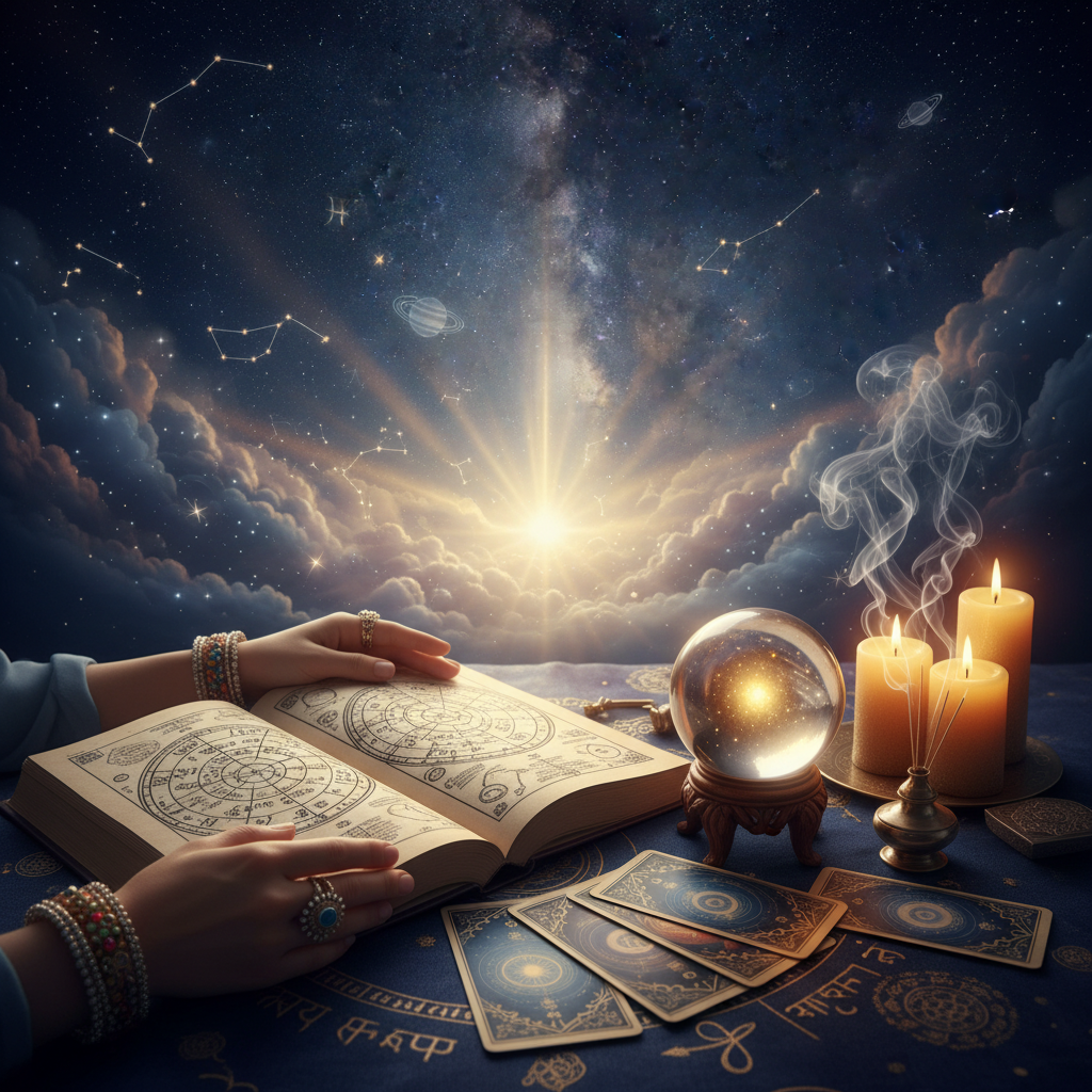 Phone Psychic Reading Online New York with Master Krish Mystical celestial symbols glowing over New York City skyline at night