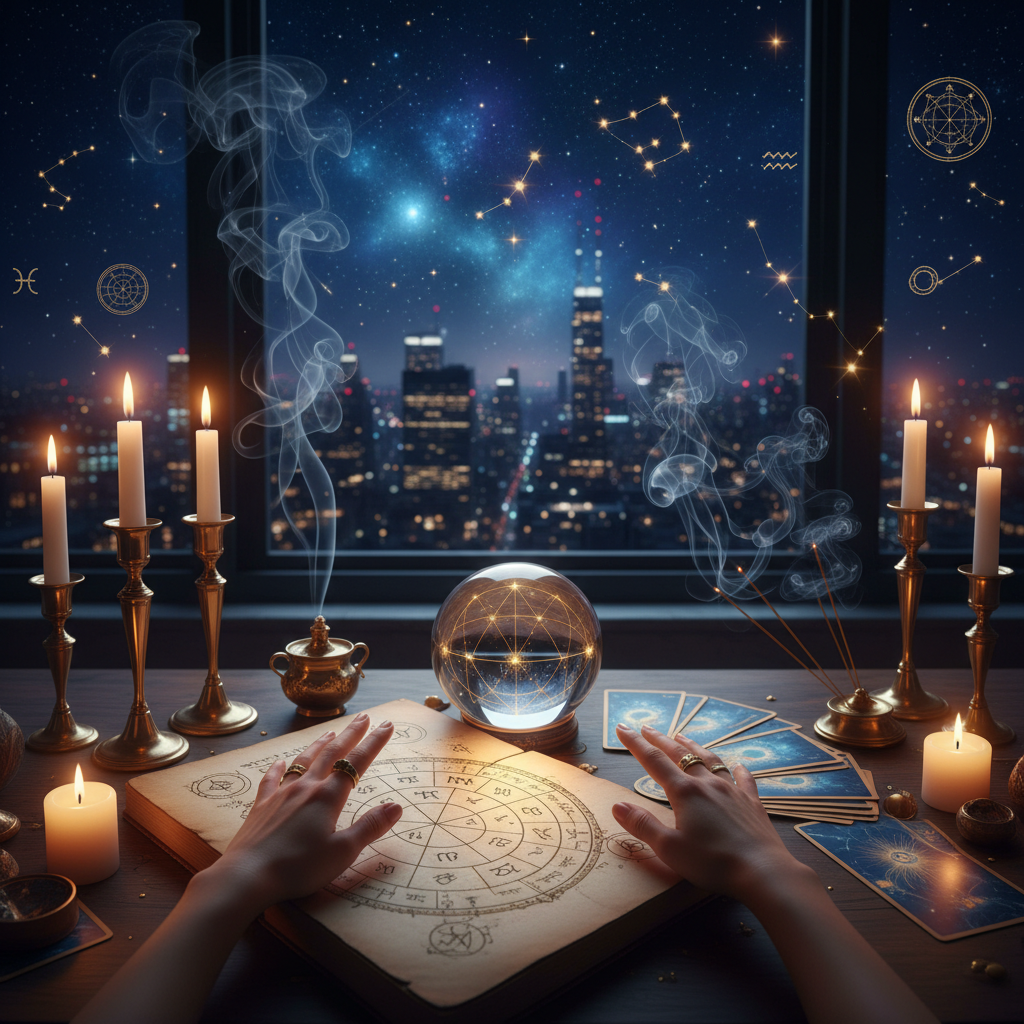 Expert Psychic Reading Phone Online New York 24/7 Mystical celestial image representing psychic reading in New York City night sky