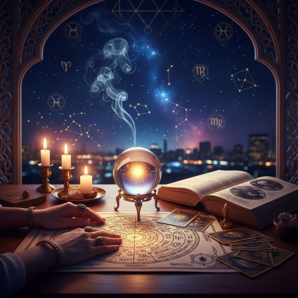 Top Psychic Reading Phone Online New York – Master Krish Mystic celestial vibes with tarot cards and star map over New York City skyline
