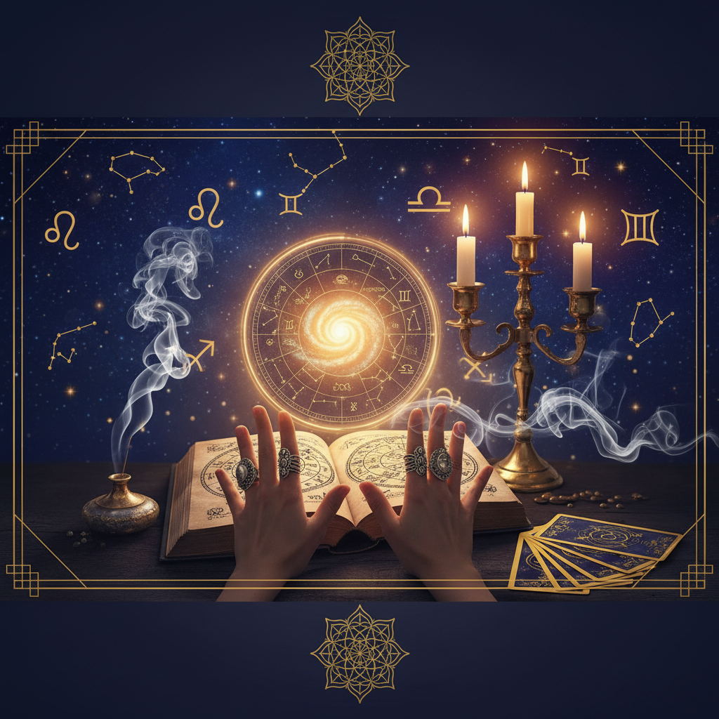 Trusted Psychic Reading Phone Online New York – 24/7 Access Mystical celestial night sky with glowing astrological symbols over New York