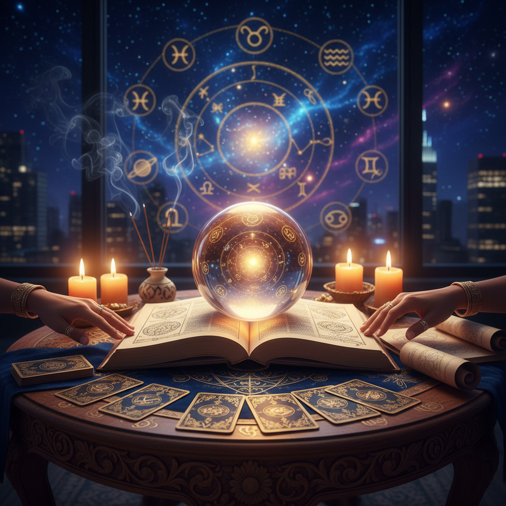 Trusted Psychic Reading Phone Online New York by Master Krish Mystical celestial tarot and astrology symbols over New York skyline