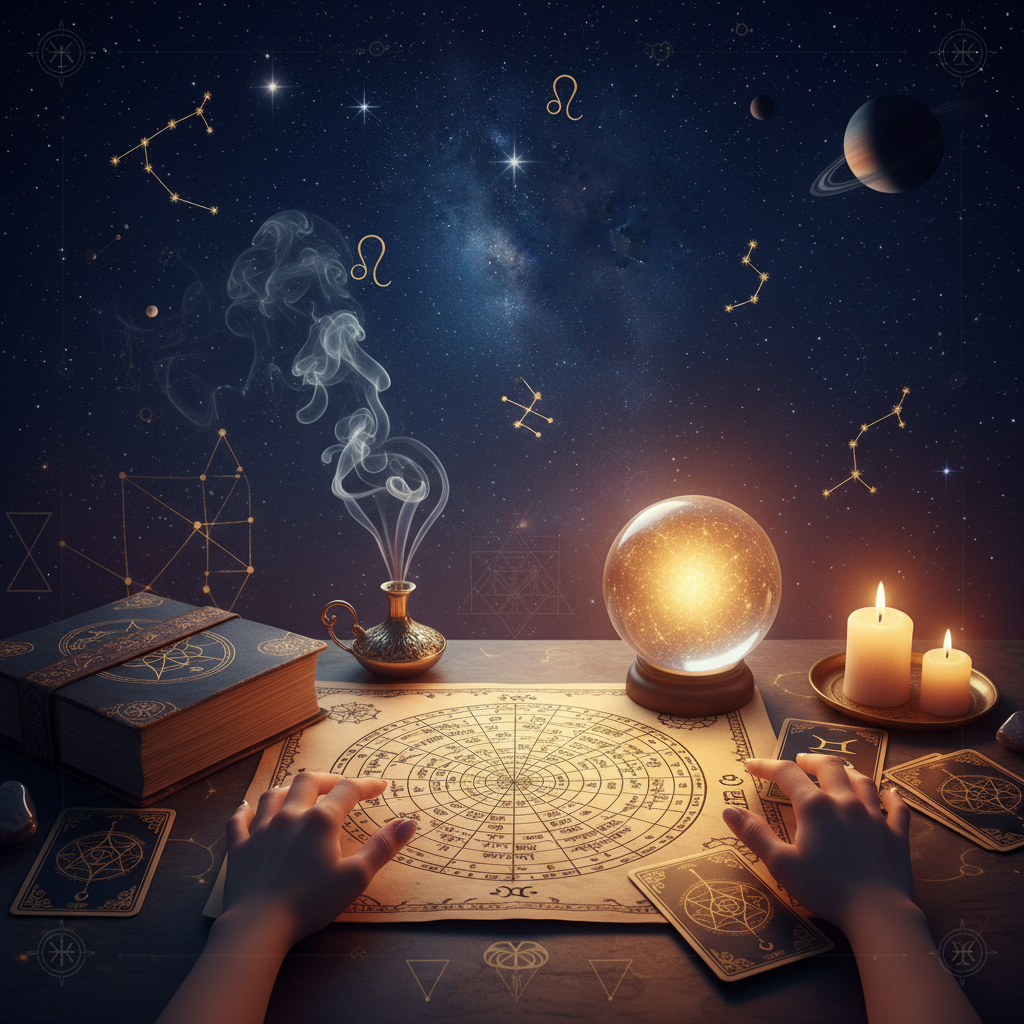 Mystic celestial image with tarot cards and starry night sky over New York City