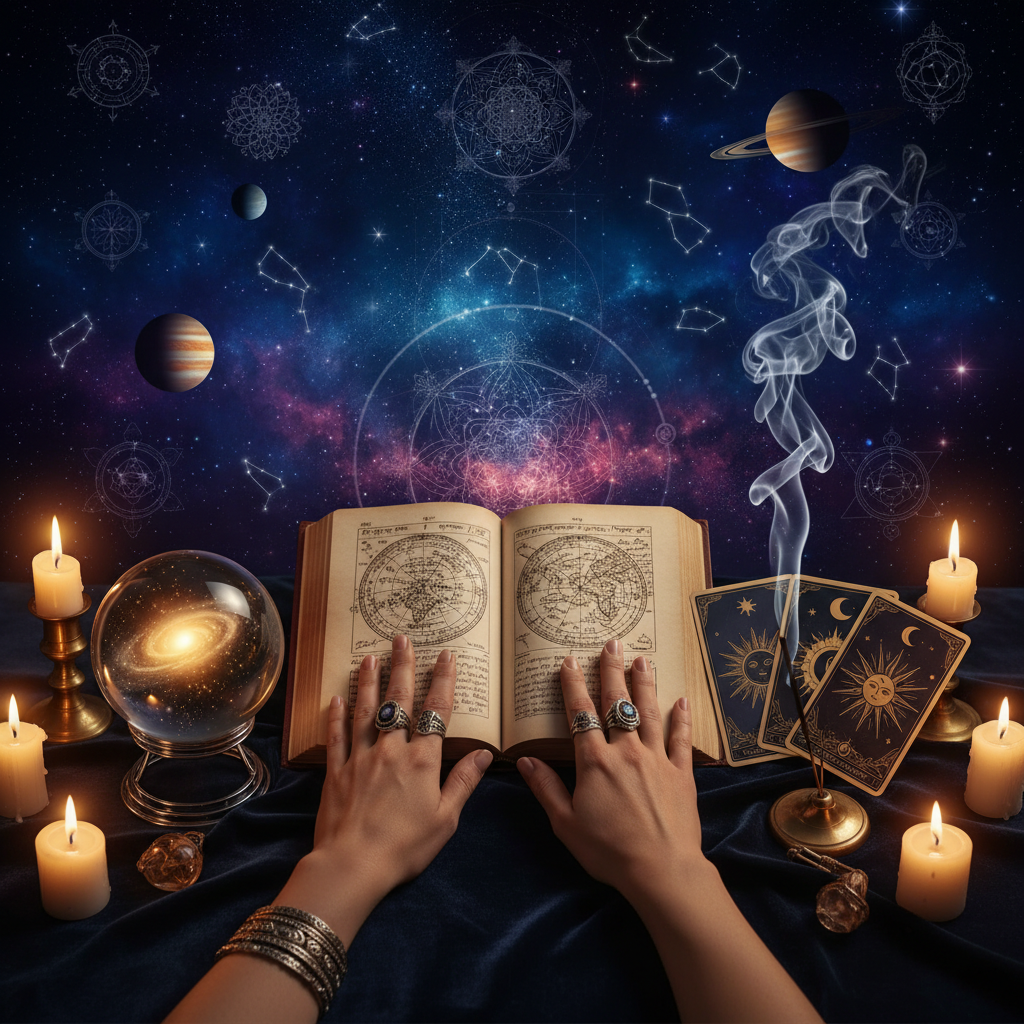 Trusted Psychic Reading Phone Online New York NYC Mystic celestial background with tarot cards and New York City skyline