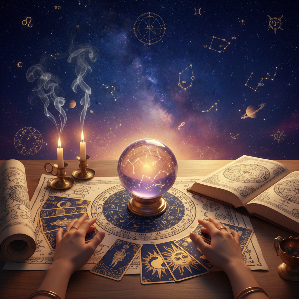 Mystical celestial energy with tarot and astrology in New York setting