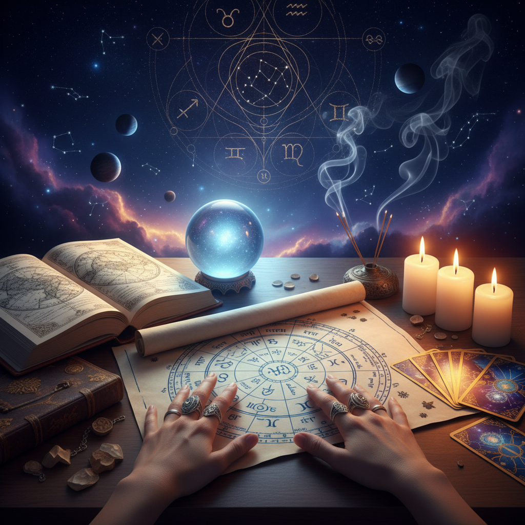 Connect with a Trusted Spiritual Reader New York Mystical celestial image with tarot cards and astrology symbols in New York setting