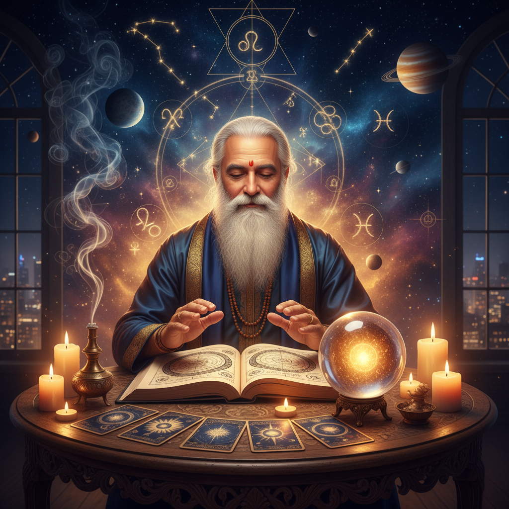 Trusted Spiritual Reader New York | Master Krish Insights Mystical celestial energy with stars and spiritual symbols in New York City background