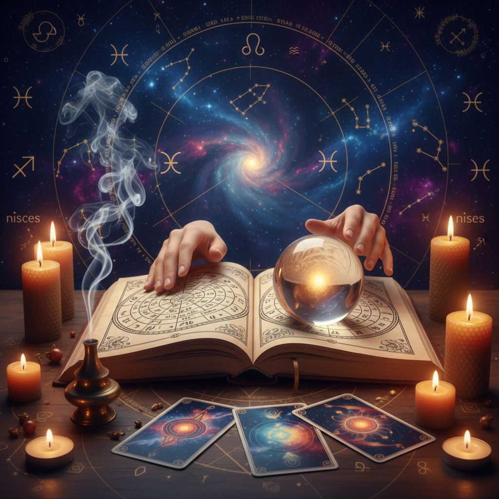 Mystical celestial and cosmic spiritual symbols in New York backdrop