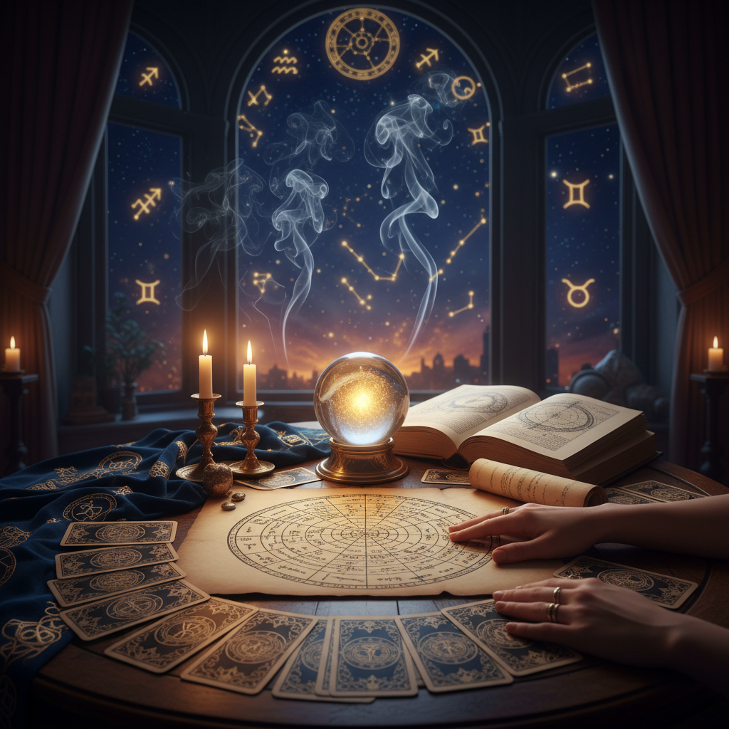 Tarot Card Reading New York: Unlock Your Tarot Wisdom in NYC Mystical tarot cards glowing with celestial NYC skyline background