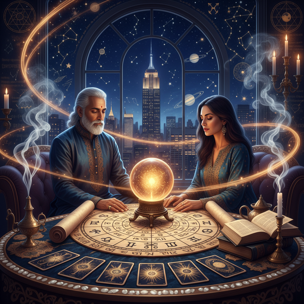 Authentic Tarot Card Reading New York by Master Krish Mystical tarot cards glowing with ethereal light in New York setting