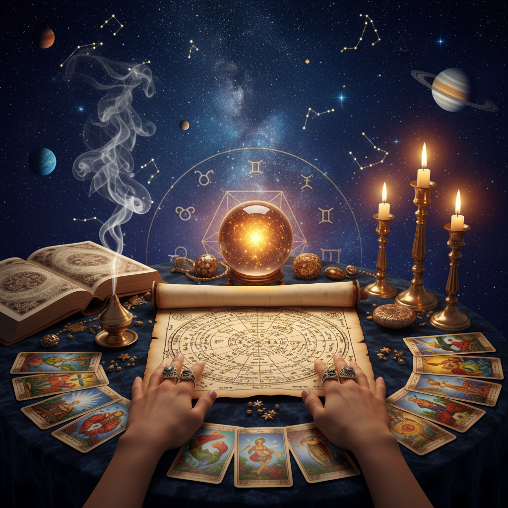 Expert Tarot Card Reading New York by Master Krish Mystical tarot cards with celestial background in New York City