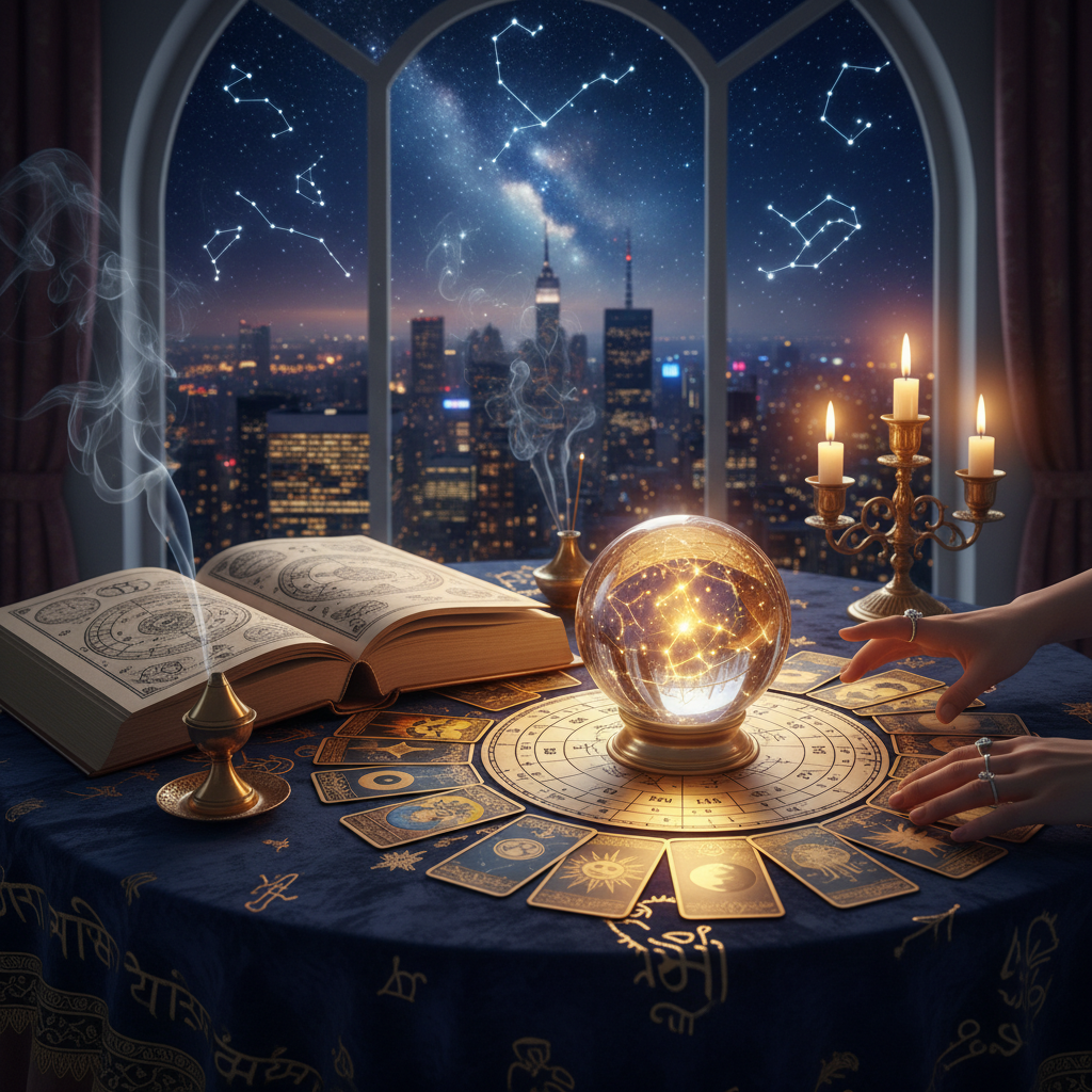 Mystical tarot cards with celestial background symbolizing NYC spirituality