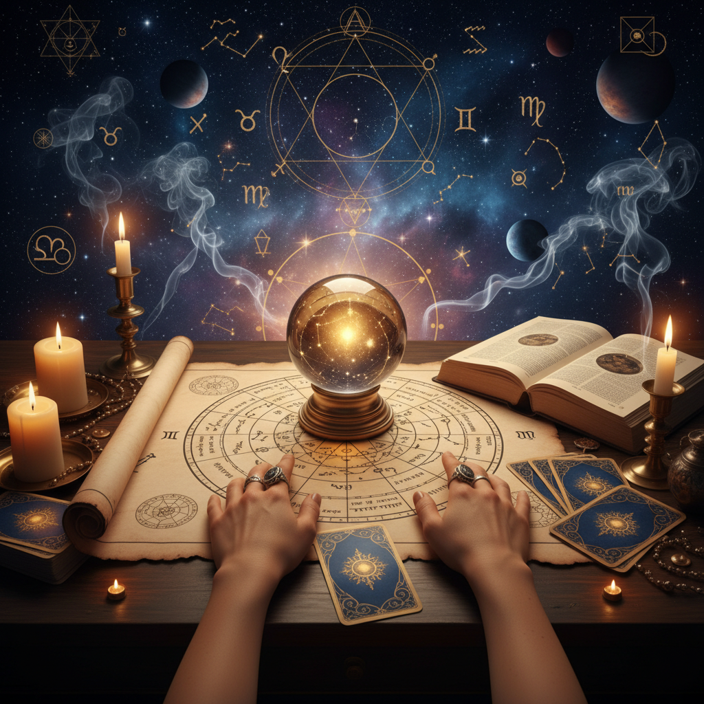 Expert Tarot Card Reading New York | Master Krish NYC Mystical celestial tarot cards and spiritual symbols over New York City skyline