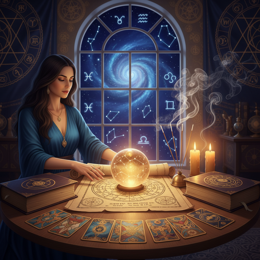 Tarot Card Reading New York: Unlock Tarot Wisdom in NYC Mystical tarot cards with radiant NYC skyline background at night