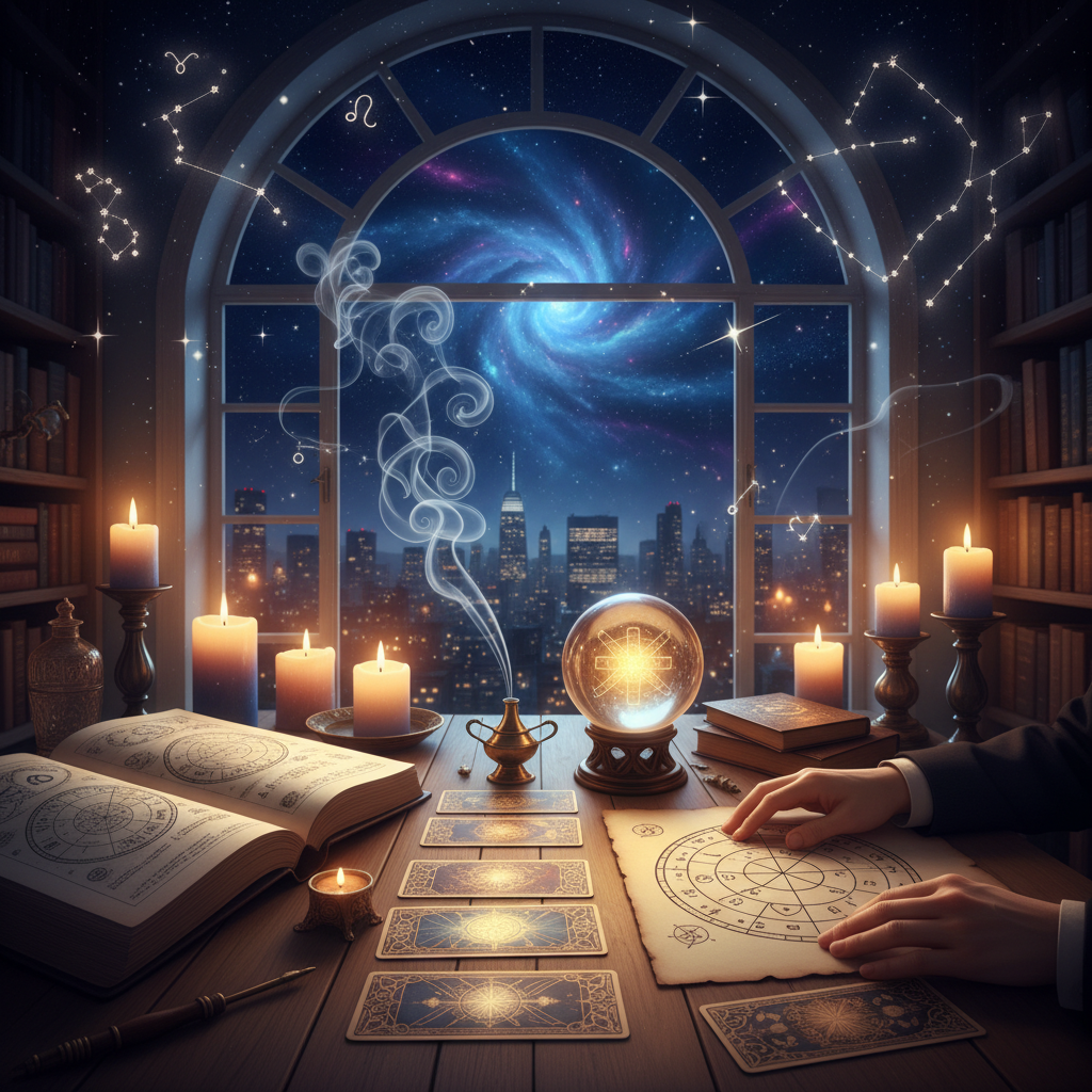 Tarot Card Reading New York: Unlock Tarot Wisdom in NYC Tarot cards spread with celestial and spiritual elements in New York setting