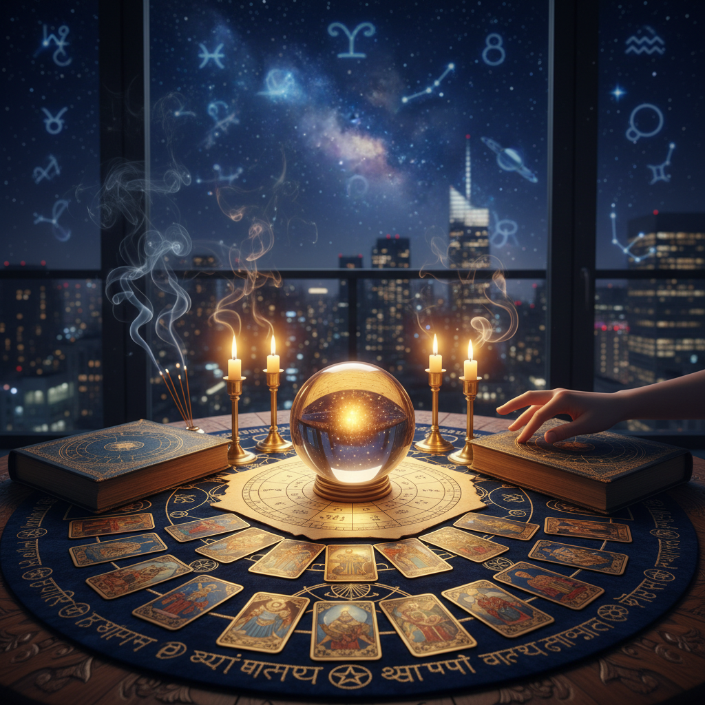 Tarot Card Reading New York: Unlock Tarot Wisdom in NYC Mystic tarot cards spread with New York cityscape background