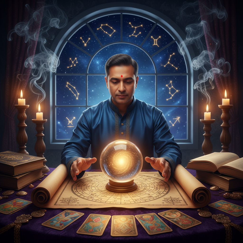 Tarot Card Reading New York: Unveil Your Path with Master Krish Mystical tarot cards and celestial symbols glowing in New York setting