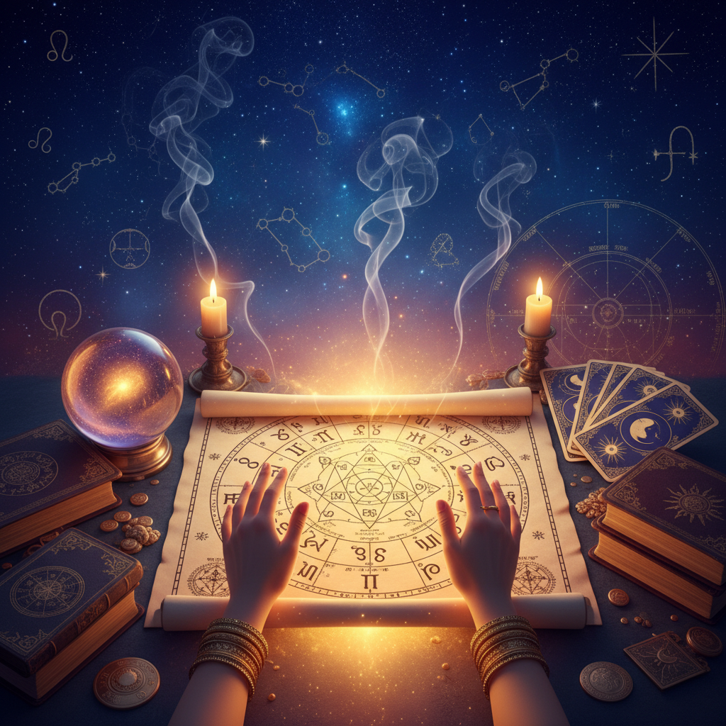 Expert Tarot Card Reading New York | Master Krish’s Insights Mystical tarot cards and celestial symbols over New York City skyline