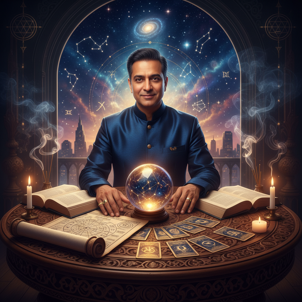 Unlock Tarot Card Reading New York Wisdom with Master Krish Mystical tarot cards with celestial and New York skyline backdrop