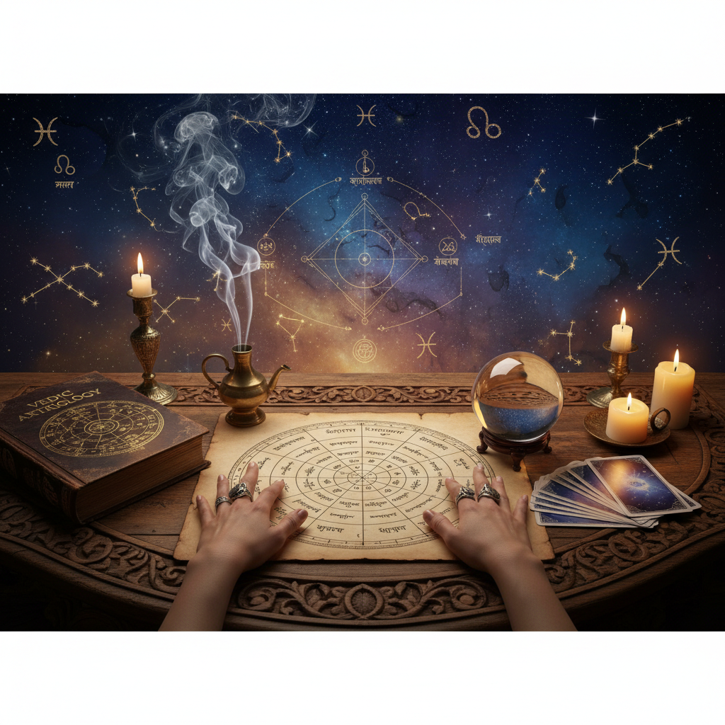 Mystical celestial chart over New York City skyline at night