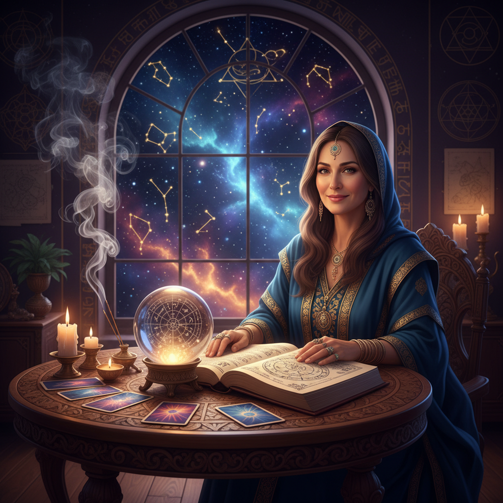 Top Astrologer Harlem New York for Vedic Guidance Mystical celestial sky with zodiac signs over Harlem neighborhood skyline