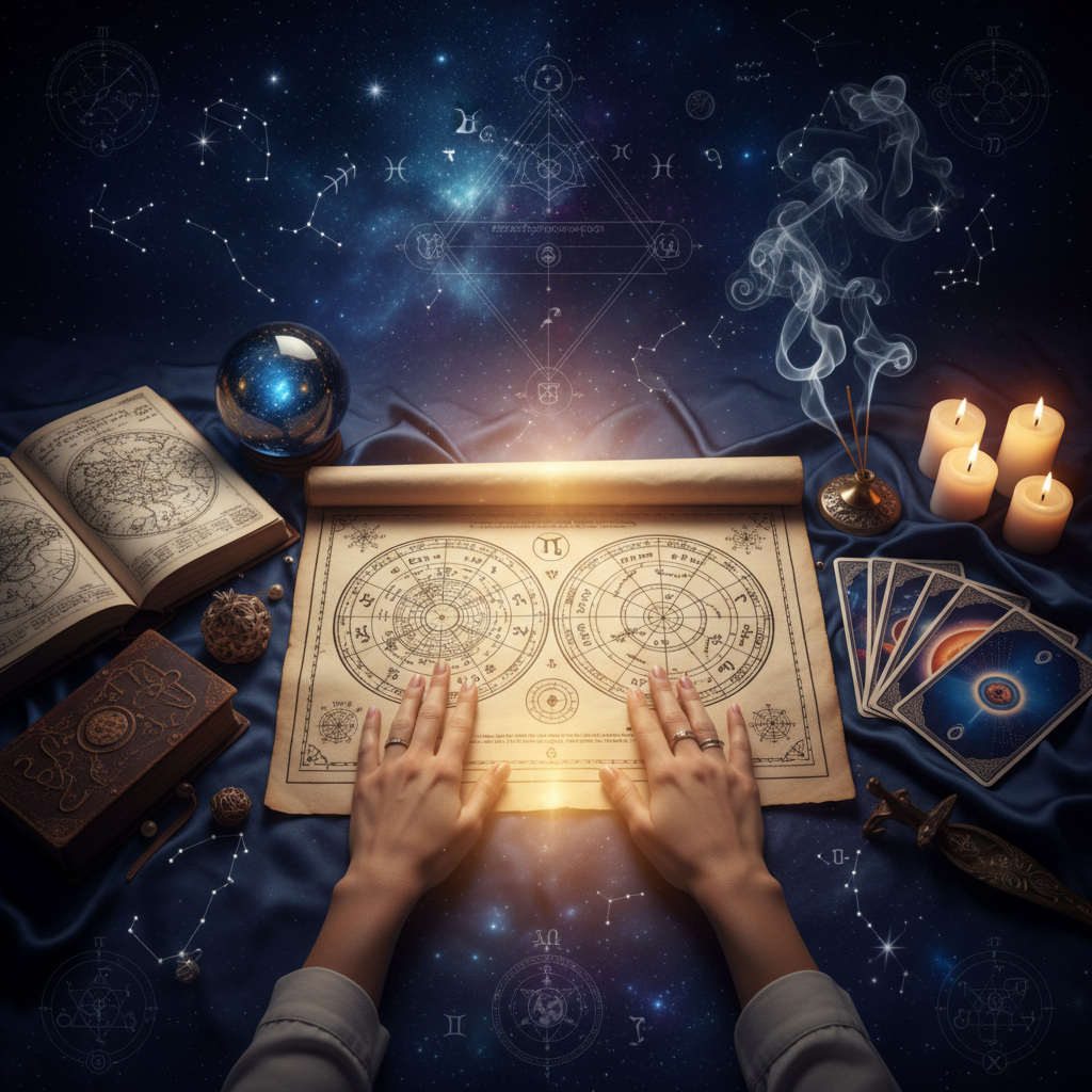 Top Astrologer in Manhattan for Vedic & Western Astrology NYC Mystical celestial astrology symbols over New York City skyline at night