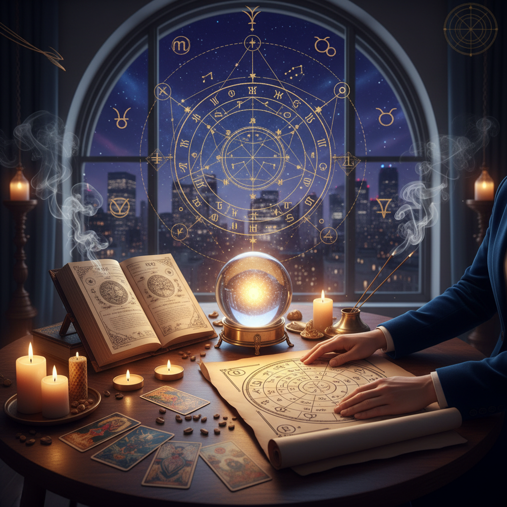 Trusted Astrologer in Manhattan | NYC Vedic & Western Astrology Mystical celestial chart with NYC skyline in the background at dusk