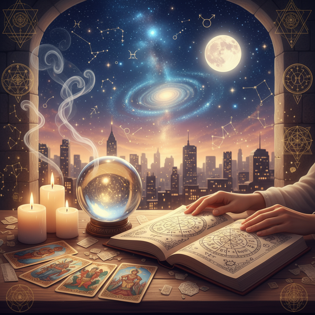 Vidente New York: Guía Espiritual y Lecturas Confiables en NYC Mystical celestial image with tarot cards and astrology in NYC setting